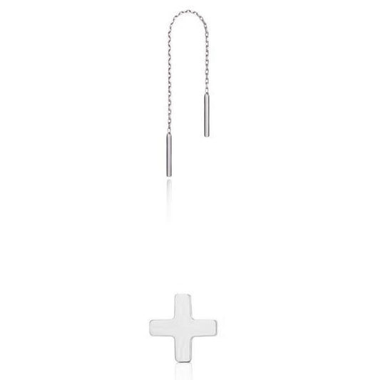 Fashion Chic Silver Cross Lone Line Solid 925 Sterling Silver Dangle Earrings
