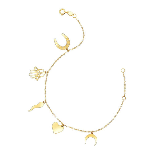 14k Yellow Gold 7 inch Bracelet with Polished Charms - Alexandria Jewelry & Company Beverly Hills